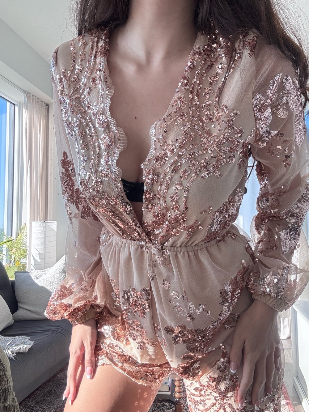 Sequin Embellished Long-Sleeve Party Romper in Champagne Blush
